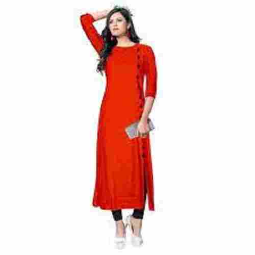 Ladies Round Neck 3/4 Sleeve Pure Cotton Red Kurta For Casual Wear
