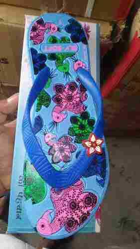 Washable And Comfortable Casual Wear Printed Blue Rubber Slippers, For Ladies, Available In All Size