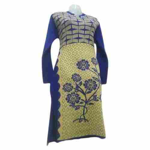 Party Wear Comfortable Close Neck Full Sleeves Blue Fancy Woolen Kurti For Ladies 
