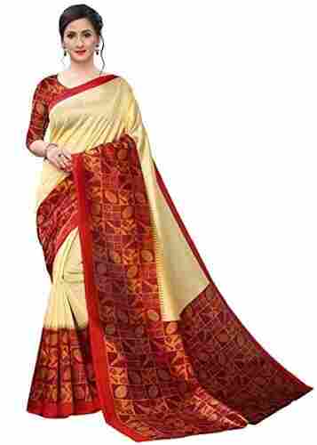 Women Comfortable And Breathable Cotton Silk Red Yellow Banarasi Saree With Unstitched Blouse 