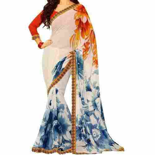 Women Elegant And Beautiful Heavy Printed White Georgette Party Wear Saree