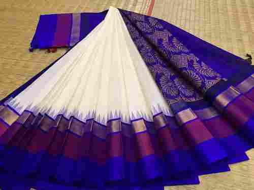 White With Blue Combination Softy And Pure Silk Cotton Party Wear Handloom Saree With Blouse Set For Ladies