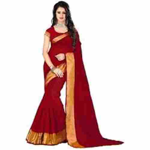 Embellished Striped Self Design Woven Bollywood Art Plain Silk Cotton Blend Saree Wome'S Red Cotton Saree