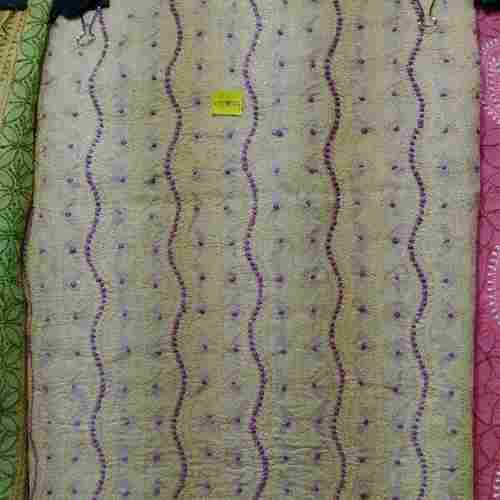 2.5 Meter Length Off White And Purple Embroidery Silk Kurti Fabric 