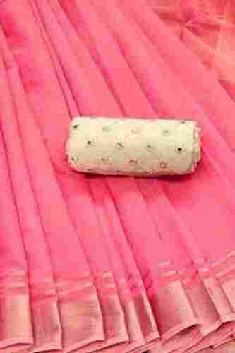 Plain Pink Colour With Blouse Piece Linen Cotton Saree For Party Wear