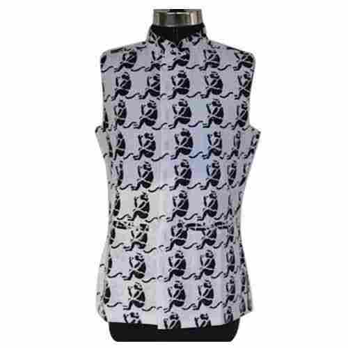 Boys Party Wear Sleeveless Mandarin Collar Printed Cotton Silk Nehru Jacket