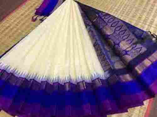 Printed White And Blue Party Wear Silk Cotton Saree For Ladies