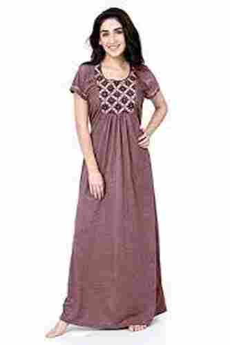 Comfortable Full Length Half Sleeves Ladies Satin Embroidered Night Gown 