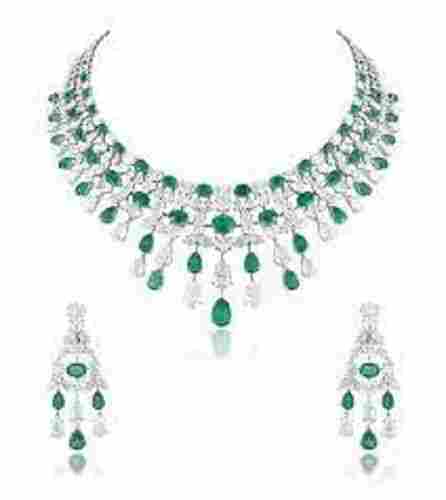 Women Elegant Look Party Wear Silver Plated White And Green Stone Loaded Necklace 