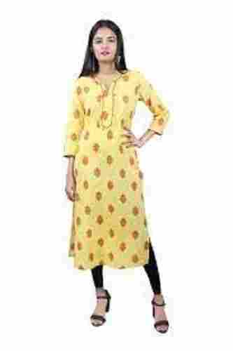 Ladies Stylish Stunning Look 3/4 Sleeves Designer Pure Cotton Yellow Kurti 