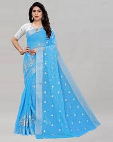 Party Wear Women Breathable Beautiful And Stylish Look Cotton Printed Saree With Unstitched Blouse 