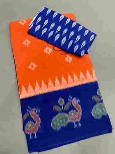 Blue And Orange 6 Meter Length Traditional Wear Linen Saree With Blouse Piece 
