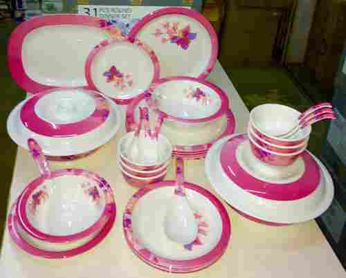 Fine Finish Easy To Clean Floral Printed Pink And White Acrylic Dinner Set
