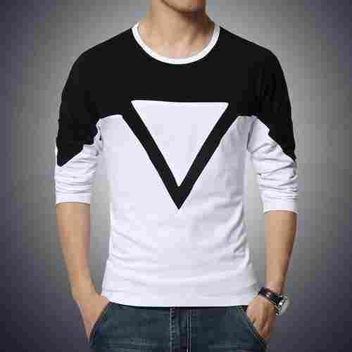 Mens Plain Round Neck Long Sleeve Casual Wear Regular Fit White With Black Cotton T Shirt
