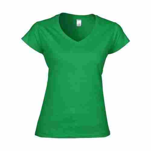 V Neck Short Sleeves Plain Green Cotton T Shirt For Ladies