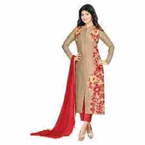 Women Elegant Look Collar Neck Full Sleeves Brown Red Party Wear Suit With Dupatta
