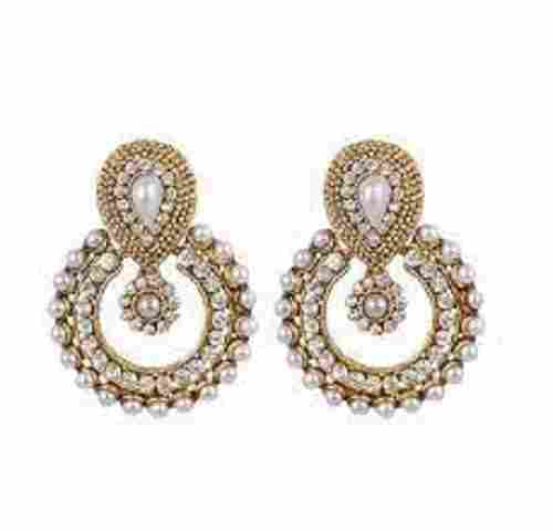 Women Lightweight White And Golden Stone Pattern Designer Artificial Earrings