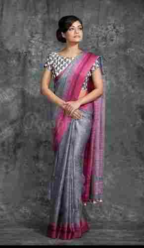 Women Light Weight Comfortable And Breathable Casual Wear Printed Grey Pink Saree With Unstitched Blouse 