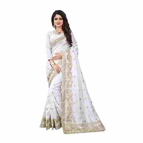 Women Stylish Party Wear Breathable Printed Cotton White Saree With Unstitched Blouse