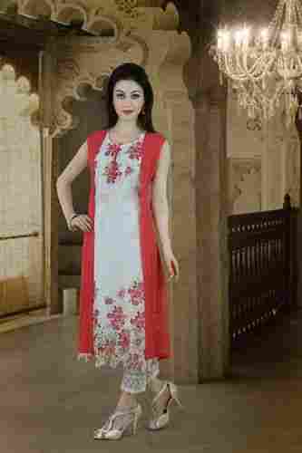 Ladies Sleeveless Summer Wear Red And White Printed Cotton Kurta