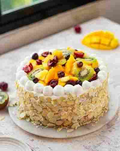 Delicious Fruits And Nuts Topping Fresh And Eggless Creamy Fruit Cake 