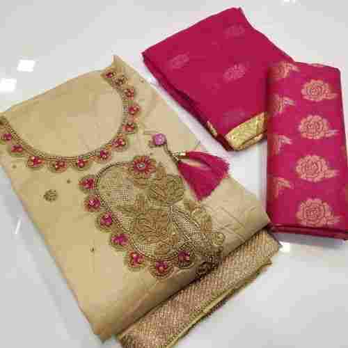 Ladies Fine Fabric And Attractive Party Wear Golden Pink Fancy Silk Suit Material
