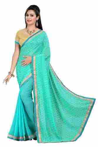 Net Fabric Cotton Silk Plain Pattern Sky Blue Saree