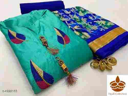 Ladies Formal Wear Silk Embroidered Blue Salwar Fancy Dress