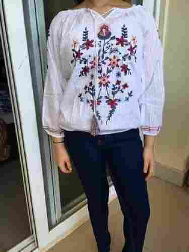 Women Light Weight Round Neck 3/4 Sleeves Plain White Embroidered Top
