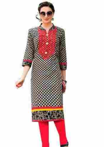 Women 3/4 Sleeves Light Weight And Breathable Cotton Printed Straight Kurti 