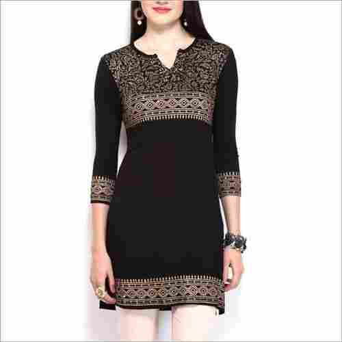 Embroidered 3/4th Sleeve Party Wear Traditional Ladies Black Cotton Kurti For Ladies