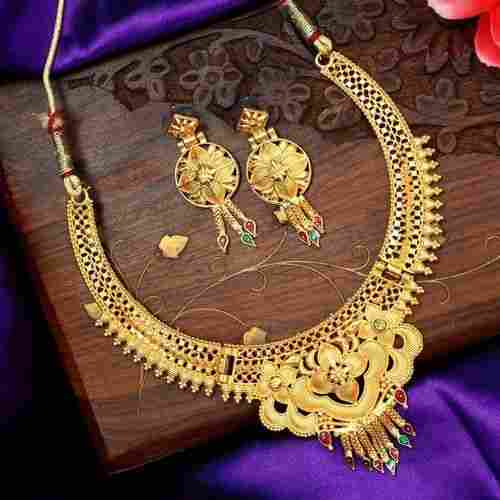 Women Elegant Looking Lightweight Fancy Party Wear Gold Imitation Necklace With Earrings