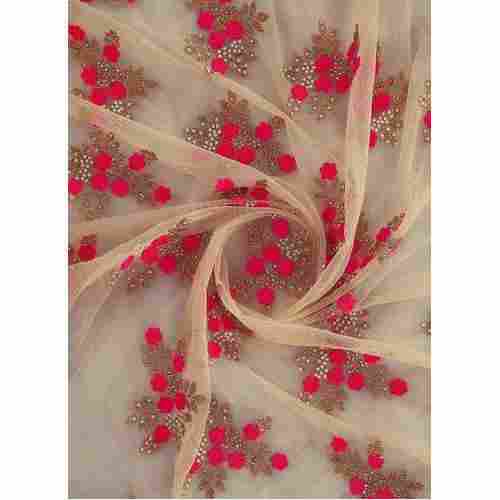 Elegant And Designer Embroidered Golden Red Net Fabric For Stitching Clothes