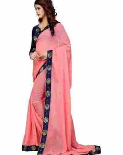 Women Light Weight Elegant Look Stylish Beautiful Pink And Blue Saree With Blouse