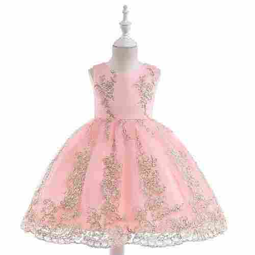 Children Party Wear Sleeveless Round Neck Embroidered Designer Pink Frock