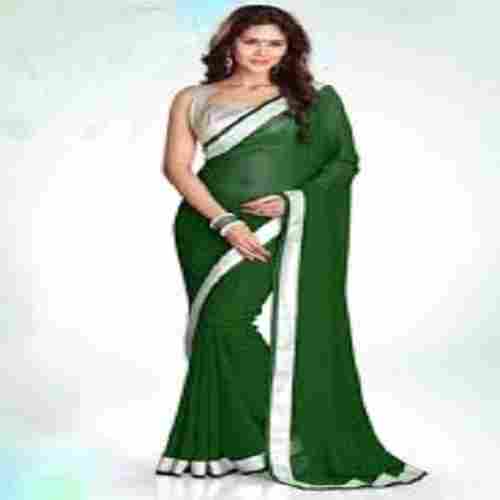 Women Elegant Look Casual Wear Light Weight Plain Green Saree With Blouse