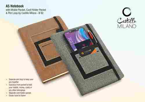B92 a   A5 Notebook With Mobile Pocket, Card Holder Pocket and Pen Loop By Castillo Milano