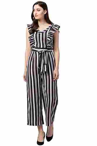 Black Sleeveless And Comfortable Trendy Classy Poly Crepe Striped Ladies Regular Jumpsuit