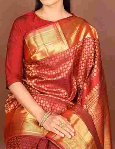  Beautiful Breathable Designer Modern Red With Golden Printed Bridal Saree With Blouse Pieces
