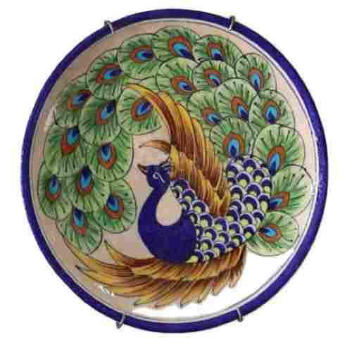 Indian Blue Pottery Dancing Peacock Plate for Kitchen