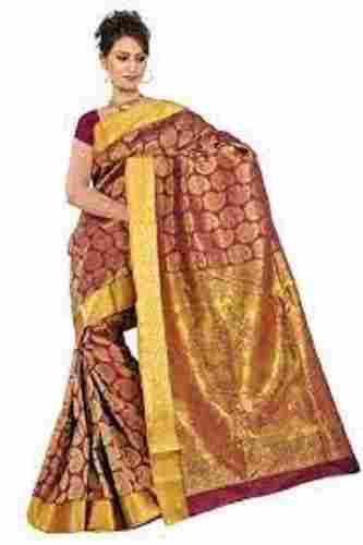 Ladies Comfortable Light Weight Breathable Stylish Maroon And Golden Cotton Saree
