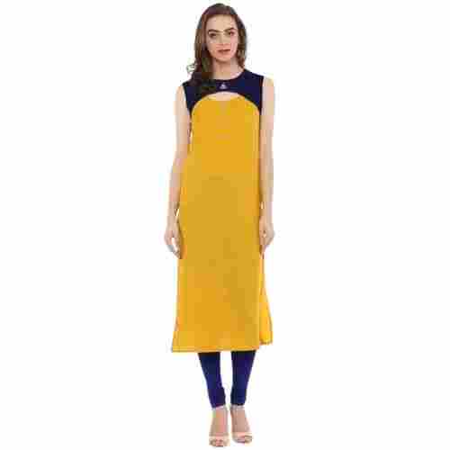 Yellow Women'S Latest Solid Cotton Sleeveless Round Collar Kurti