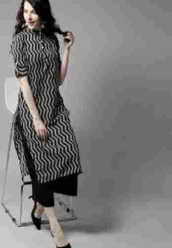 Women Full Sleeves Casual Wear Round Neck Black And White Cotton Kurti