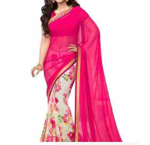 5.50 Meter Length Pink And White Floral Printed Designer Party Wear Saree 