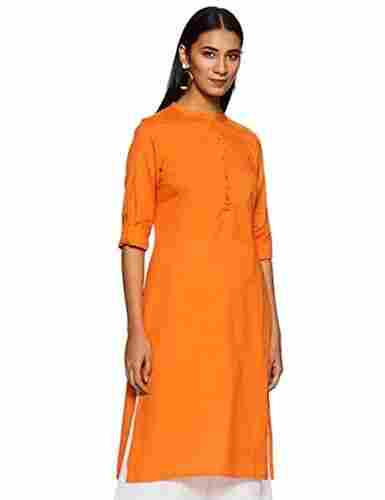 Full Sleeve And Plain Orange Cotton Kurta For Women