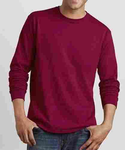 Casual Wear Skin Friendly Maroon Plain Round Neck Full Sleeve Cotton T Shirts For Mens 