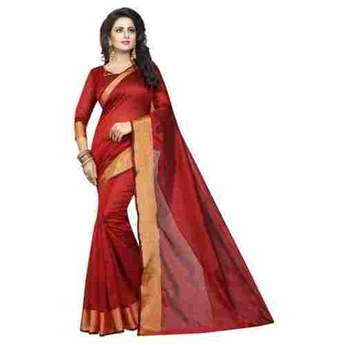 Plain Red Cotton Saree For Daily Wear