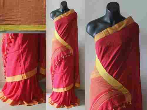 Casual Wear Beautifull And Breathable Red Plain Handloom Pure Cotton Saree For Ladies