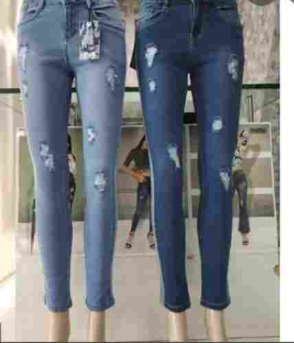 Stretchable Blue Pure Cotton Zip Fly Slim Fit Women Ripped Denim Jeans