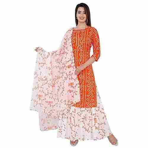 Women Breathable And Comfortable Easy To Wear 3/4 Sleeves Orange And White Printed Sharara Suit And Dupatta Set